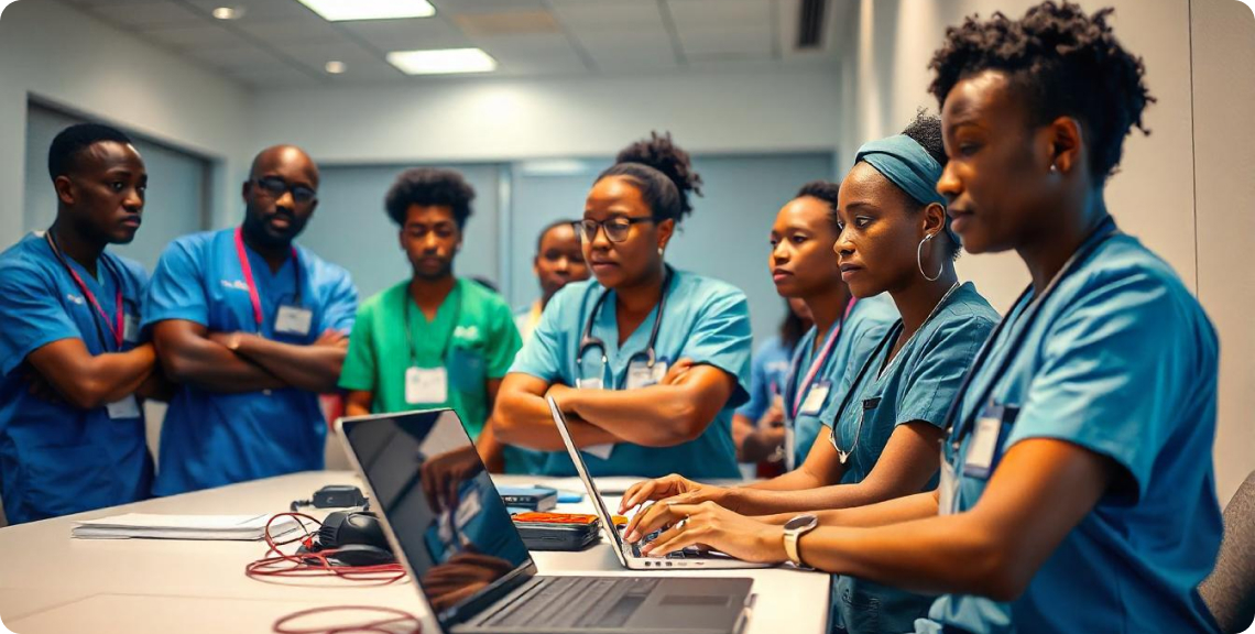 A team of nurses in scrubs focused on laptops during a training session